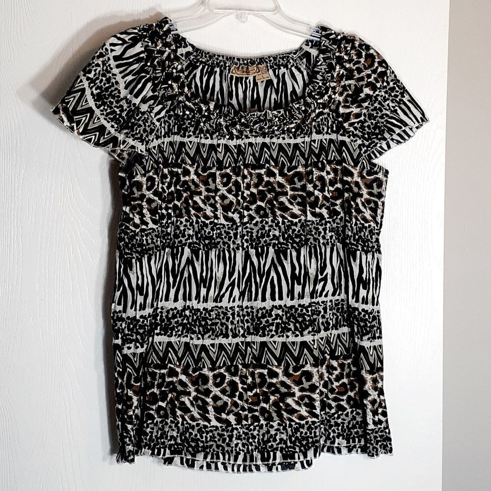 Art & SOUL Tiered Tunic - Animal Print, Smocked & Beaded Neckline; Size Large